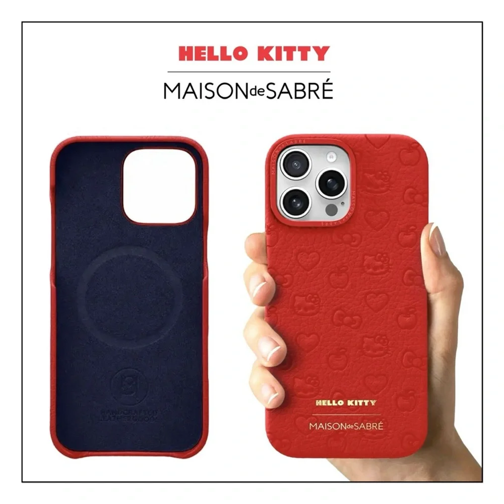 🆕 Maison de Sabré & Hello Kitty iPhone 16 Pro Case Embossed Leather–Pomegranate